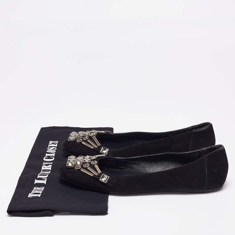 Pre Owned Gucci Black Suede Crystal Embellished Ballet Flats Size 39 