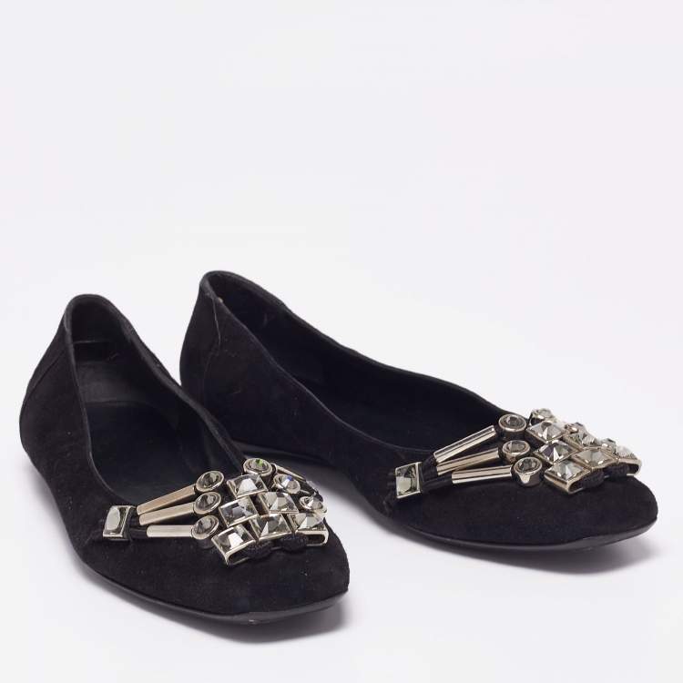 Pre Owned Gucci Black Suede Crystal Embellished Ballet Flats Size 39 
