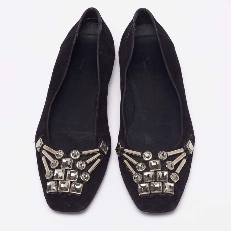 Pre Owned Gucci Black Suede Crystal Embellished Ballet Flats Size 39 