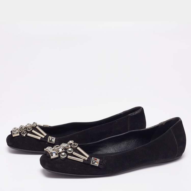 Pre Owned Gucci Black Suede Crystal Embellished Ballet Flats Size 39 