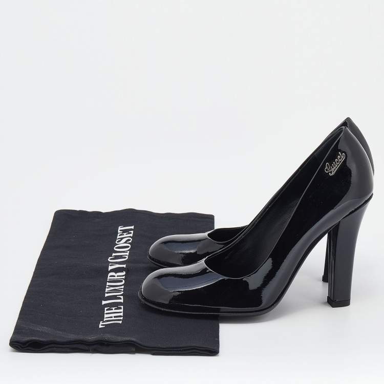 Pre Owned Gucci Black Patent Leather Block Heel Pumps Size 35.5