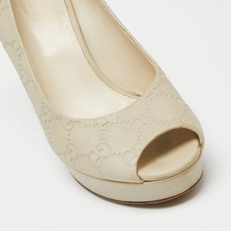 Pre Owned Gucci Off White Guccissima Leather Peep Toe Platform Pumps Size 37.5