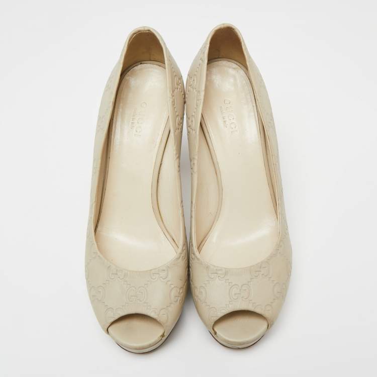 Pre Owned Gucci Off White Guccissima Leather Peep Toe Platform Pumps Size 37.5