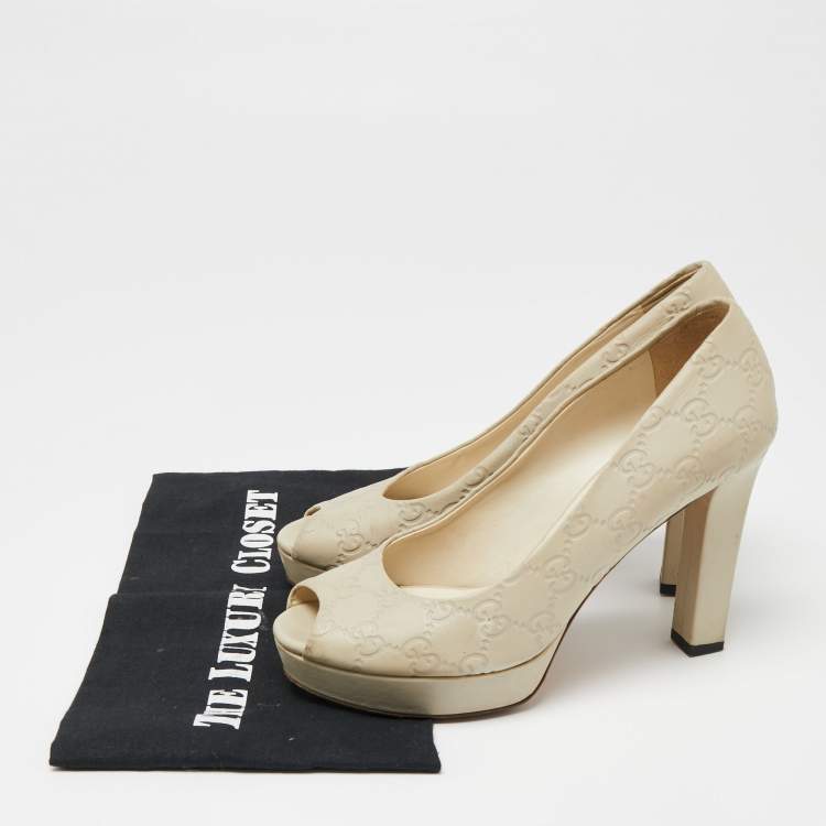 Pre Owned Gucci Off White Guccissima Leather Peep Toe Platform Pumps Size 37.5