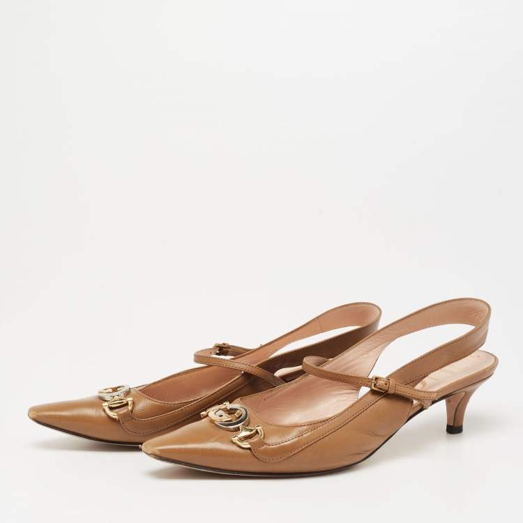 Pre Owned Gucci Brown Leather Interlocking G Horsebit Zumi Slingback Pumps Size 36.5