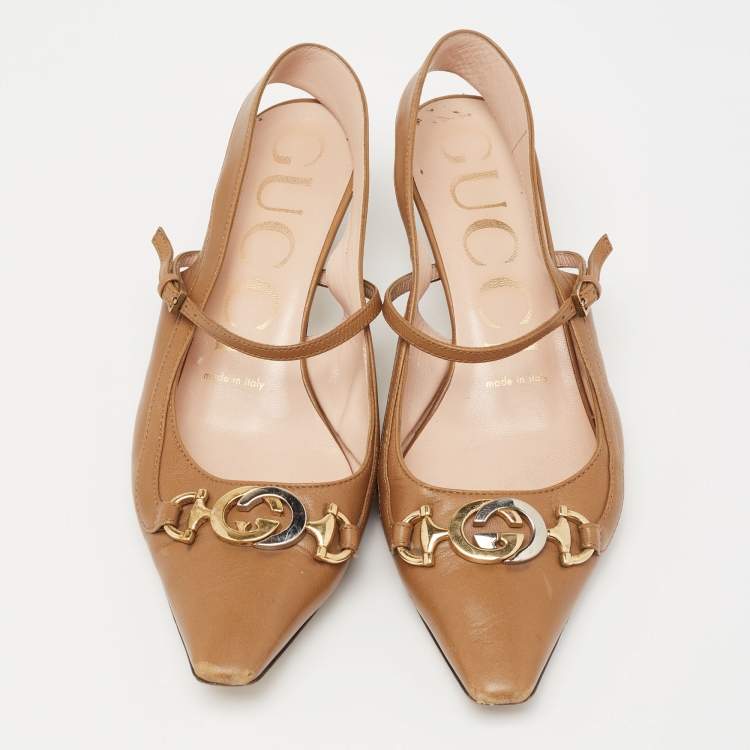 Pre Owned Gucci Brown Leather Interlocking G Horsebit Zumi Slingback Pumps Size 36.5
