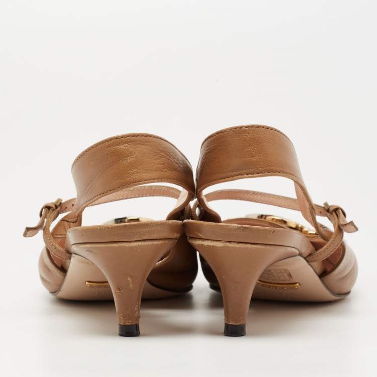 Pre Owned Gucci Brown Leather Interlocking G Horsebit Zumi Slingback Pumps Size 36.5