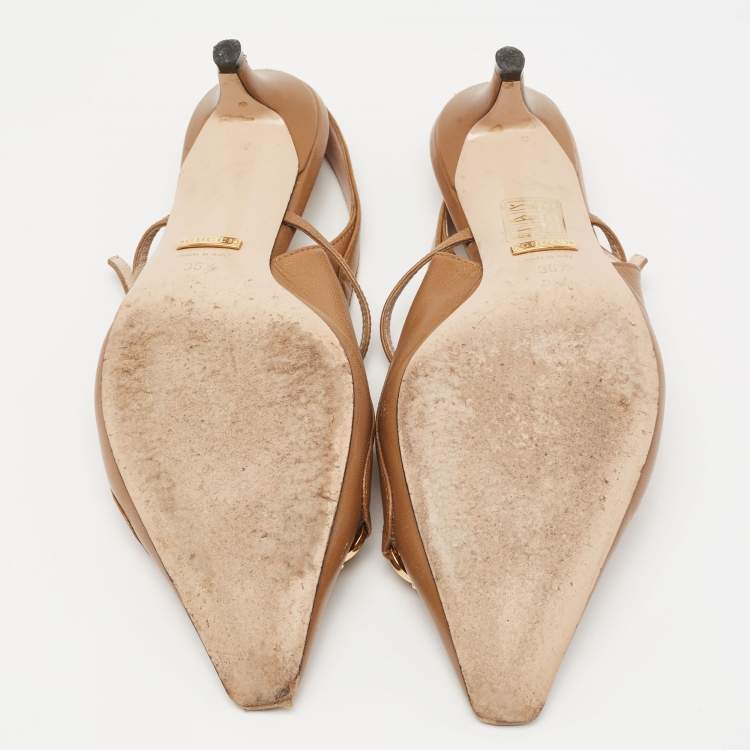 Pre Owned Gucci Brown Leather Interlocking G Horsebit Zumi Slingback Pumps Size 36.5