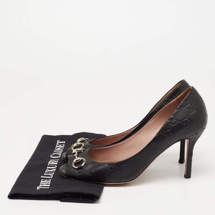 Pre Owned Gucci Black Guccissima Leather Horsebit Peep-Toe Pumps Size 39.5