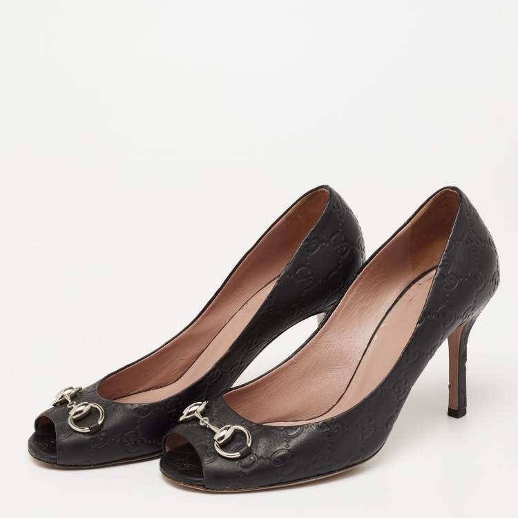 Pre Owned Gucci Black Guccissima Leather Horsebit Peep-Toe Pumps Size 39.5