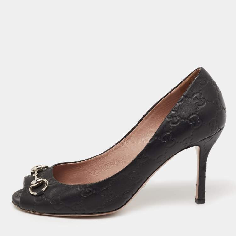 Pre Owned Gucci Black Guccissima Leather Horsebit Peep-Toe Pumps Size 39.5
