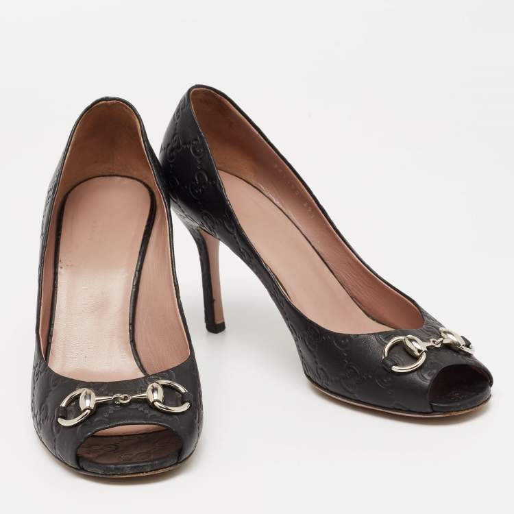 Pre Owned Gucci Black Guccissima Leather Horsebit Peep-Toe Pumps Size 39.5