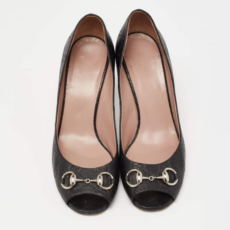 Pre Owned Gucci Black Guccissima Leather Horsebit Peep-Toe Pumps Size 39.5
