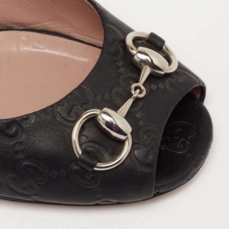 Pre Owned Gucci Black Guccissima Leather Horsebit Peep-Toe Pumps Size 39.5