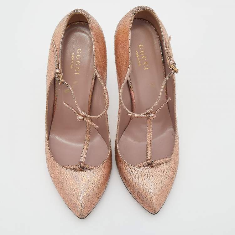 Pre Owned Gucci Metallic Holographic Crackled Leather Beverly T-Strap Pumps Size 37