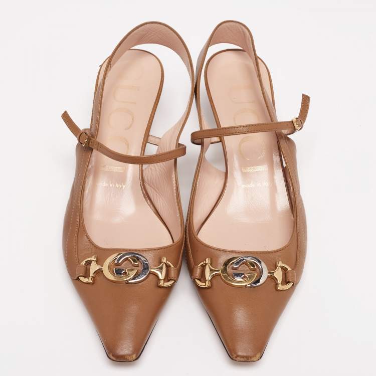 Pre Owned Gucci Brown Leather Interlocking G Horsebit Zumi Slingback Sandals Size 38