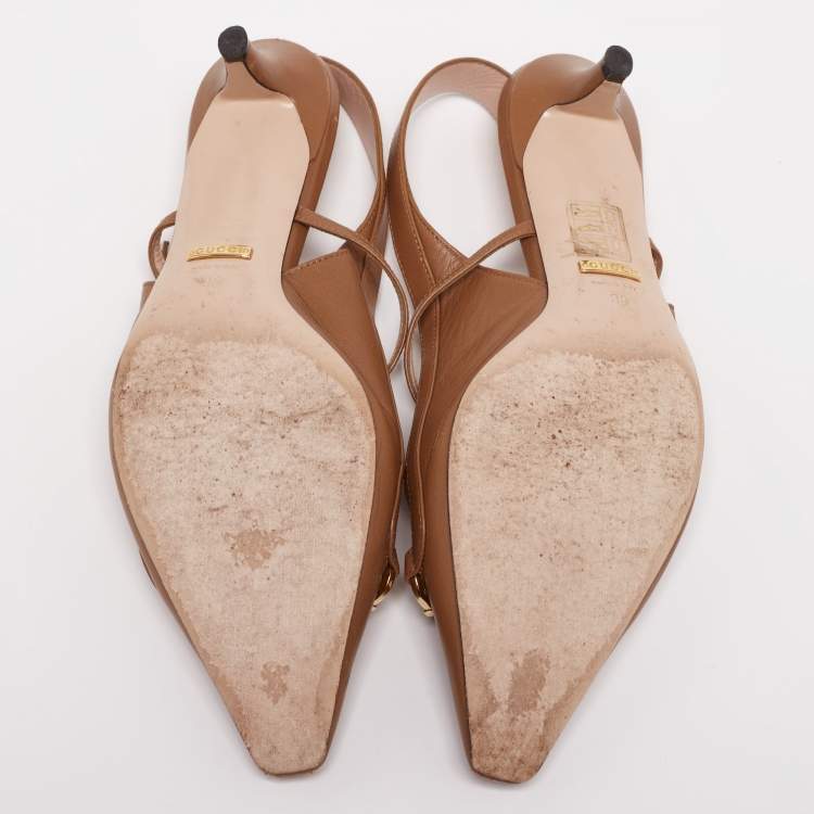 Pre Owned Gucci Brown Leather Interlocking G Horsebit Zumi Slingback Sandals Size 38