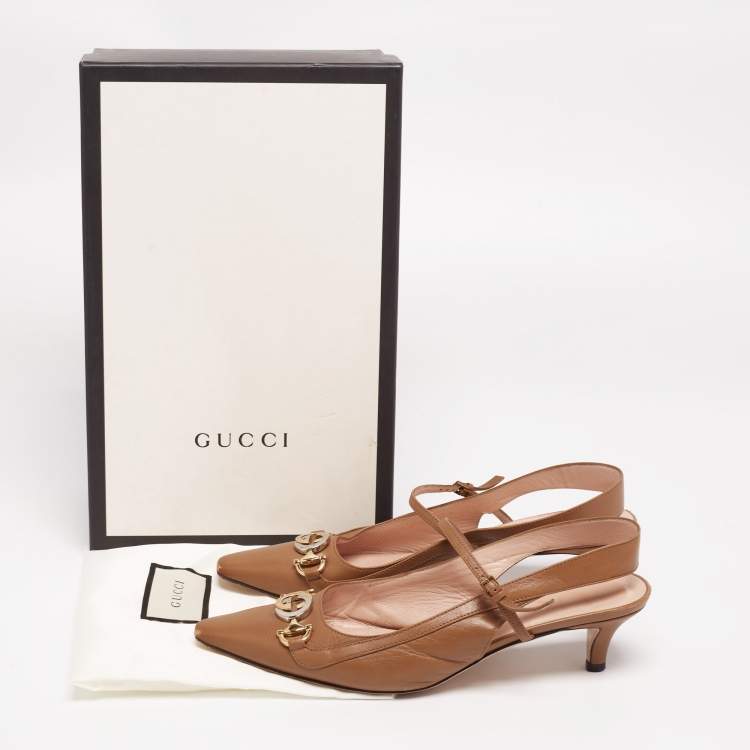 Pre Owned Gucci Brown Leather Interlocking G Horsebit Zumi Slingback Sandals Size 38