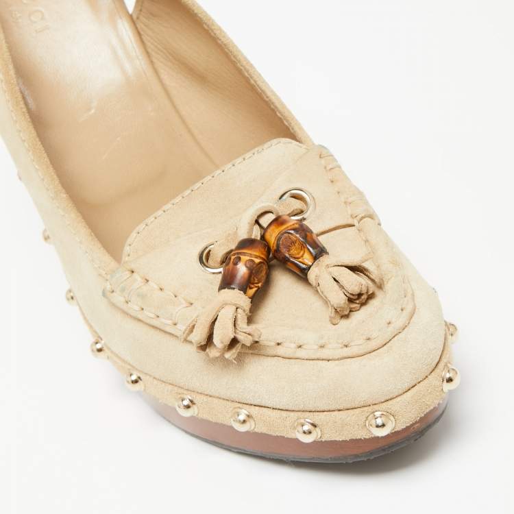 Pre Owned Gucci Beige Suede Bamboo Tassel Loafer Slingback Clogs Size 37.5