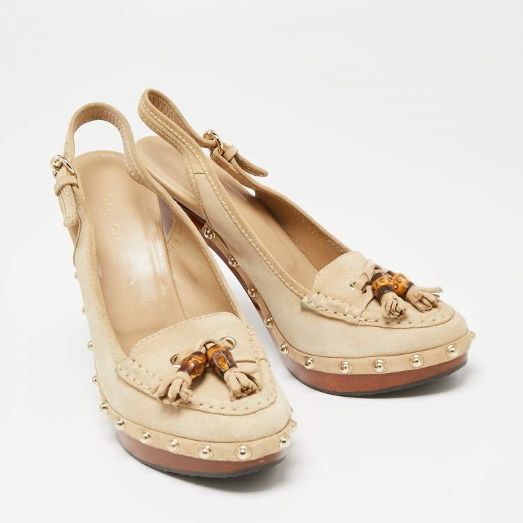 Pre Owned Gucci Beige Suede Bamboo Tassel Loafer Slingback Clogs Size 37.5