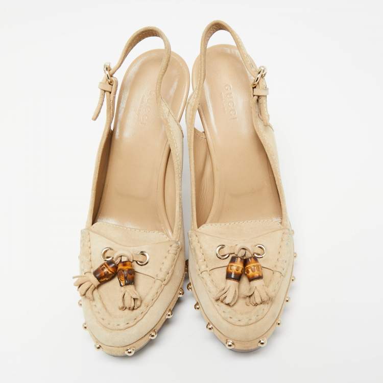 Pre Owned Gucci Beige Suede Bamboo Tassel Loafer Slingback Clogs Size 37.5