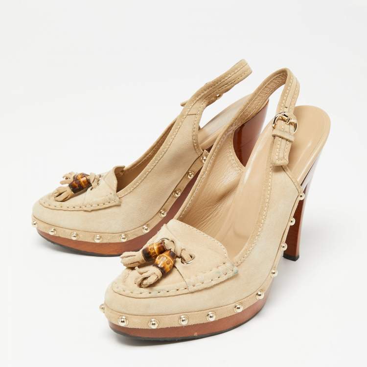 Pre Owned Gucci Beige Suede Bamboo Tassel Loafer Slingback Clogs Size 37.5