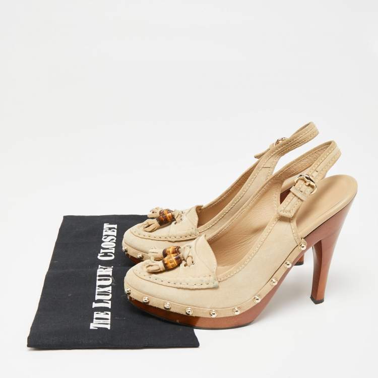 Pre Owned Gucci Beige Suede Bamboo Tassel Loafer Slingback Clogs Size 37.5