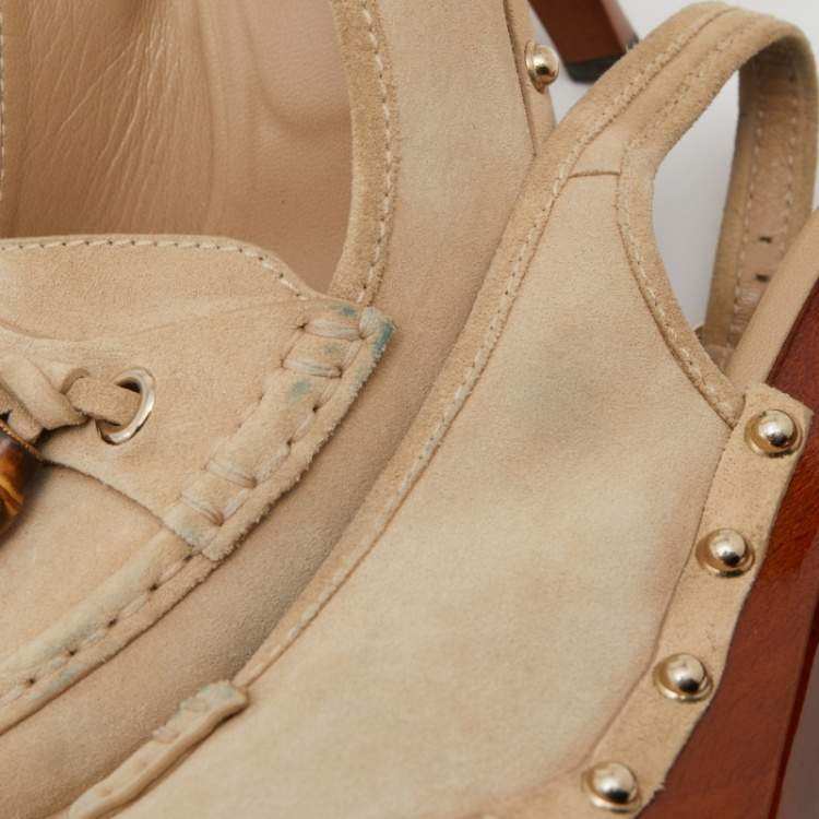 Pre Owned Gucci Beige Suede Bamboo Tassel Loafer Slingback Clogs Size 37.5