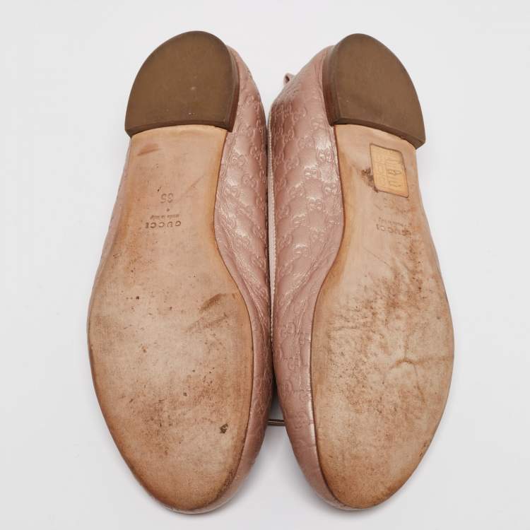 Pre Owned Gucci Metallic Rose Gold  Guccissima  Leather Bow Detail Ballet Flats Size 35