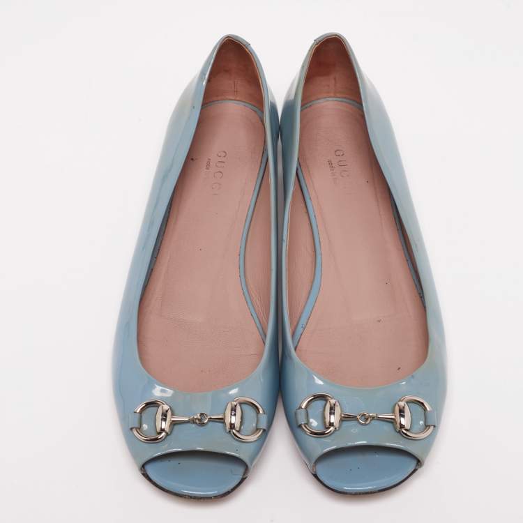 Pre Owned Gucci Grey Patent Leather Horsebit Peep Toe Ballet Flats Size 36.5