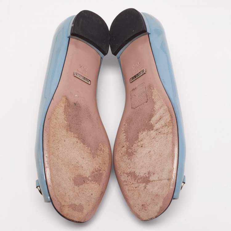 Pre Owned Gucci Grey Patent Leather Horsebit Peep Toe Ballet Flats Size 36.5