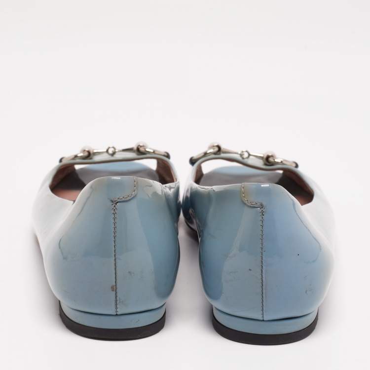 Pre Owned Gucci Grey Patent Leather Horsebit Peep Toe Ballet Flats Size 36.5