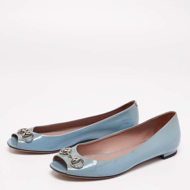 Pre Owned Gucci Grey Patent Leather Horsebit Peep Toe Ballet Flats Size 36.5