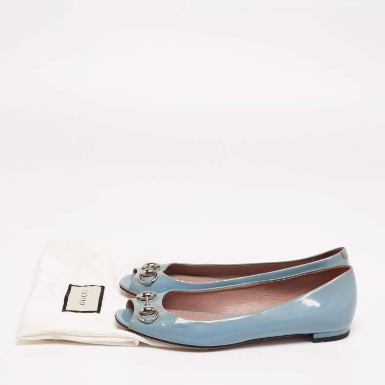 Pre Owned Gucci Grey Patent Leather Horsebit Peep Toe Ballet Flats Size 36.5