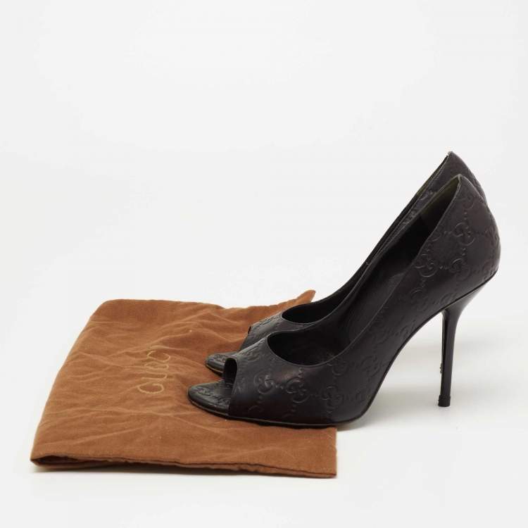 Pre Owned Gucci Black Guccissima Leather Open Toe Pumps Size 38