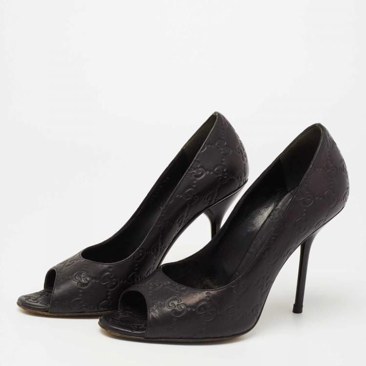 Pre Owned Gucci Black Guccissima Leather Open Toe Pumps Size 38