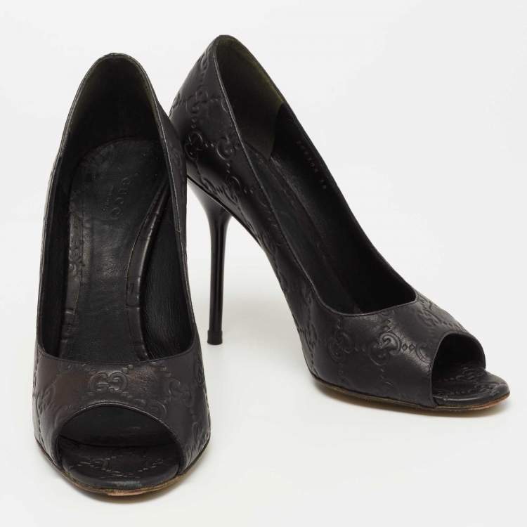 Pre Owned Gucci Black Guccissima Leather Open Toe Pumps Size 38