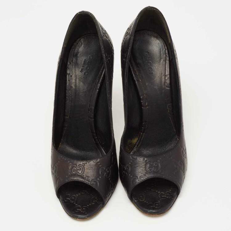 Pre Owned Gucci Black Guccissima Leather Open Toe Pumps Size 38