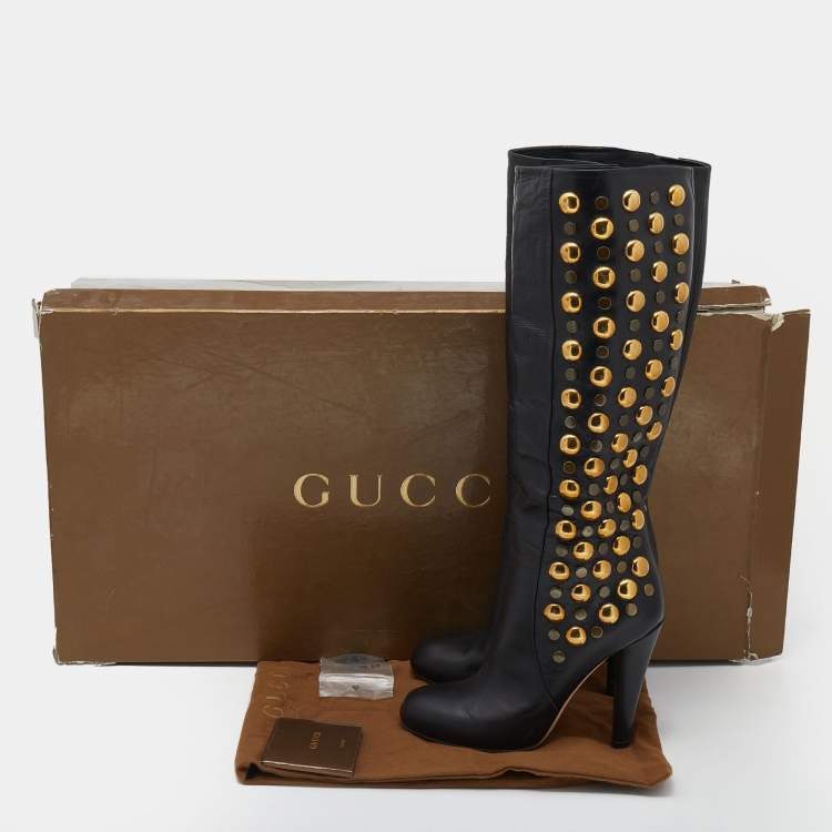 مملوكة مسبقًا Gucci Black Leather Babouska Studded Mid Calf Length Boots Size 36