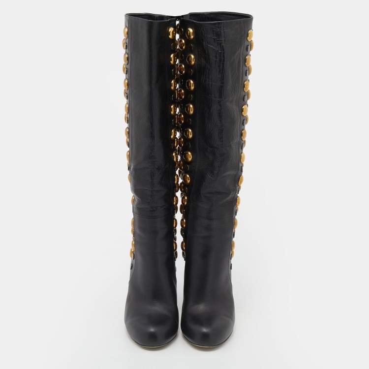 مملوكة مسبقًا Gucci Black Leather Babouska Studded Mid Calf Length Boots Size 36