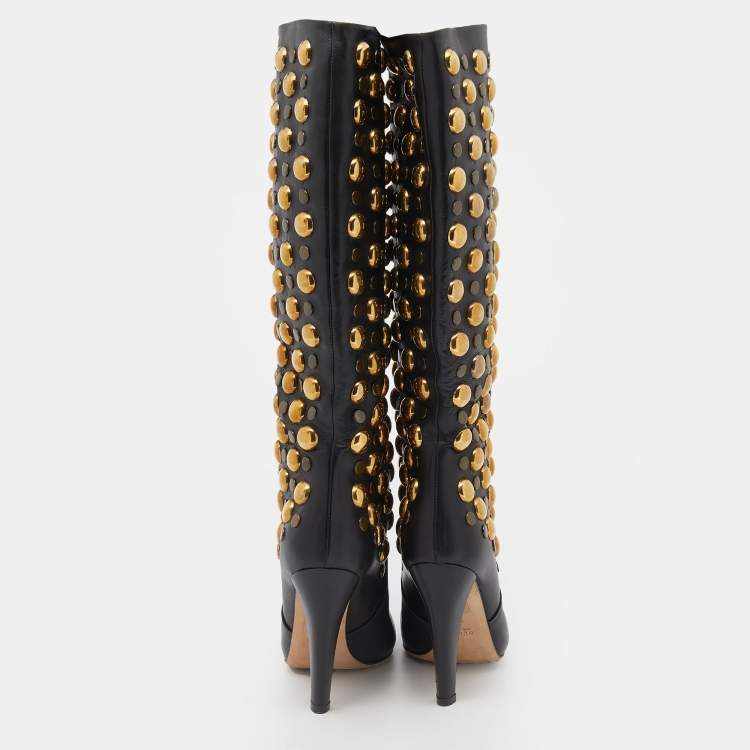 مملوكة مسبقًا Gucci Black Leather Babouska Studded Mid Calf Length Boots Size 36