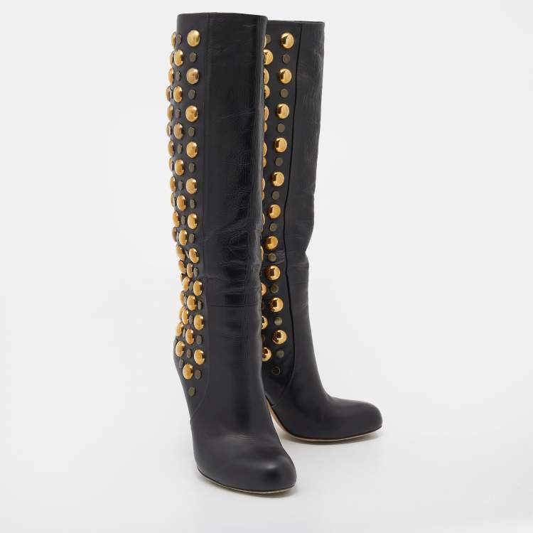 مملوكة مسبقًا Gucci Black Leather Babouska Studded Mid Calf Length Boots Size 36
