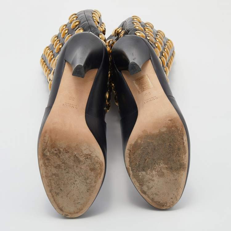 مملوكة مسبقًا Gucci Black Leather Babouska Studded Mid Calf Length Boots Size 36