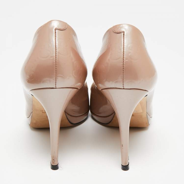 Pre Owned Gucci Pink Guccissima Patent Leather New Hollywood Horsebit Peep-Toe Pumps Size 36