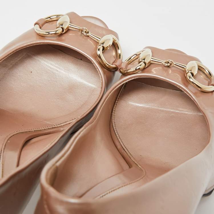 Pre Owned Gucci Pink Guccissima Patent Leather New Hollywood Horsebit Peep-Toe Pumps Size 36