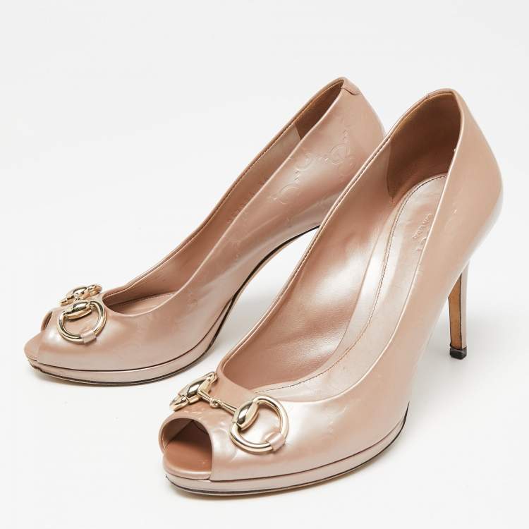 Pre Owned Gucci Pink Guccissima Patent Leather New Hollywood Horsebit Peep-Toe Pumps Size 36