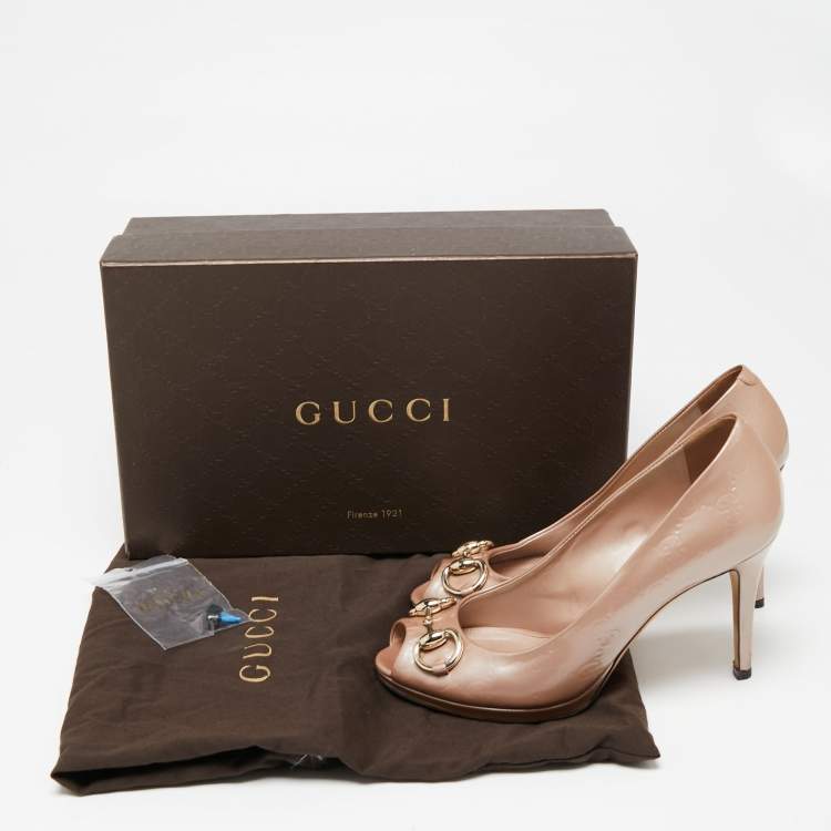 Pre Owned Gucci Pink Guccissima Patent Leather New Hollywood Horsebit Peep-Toe Pumps Size 36