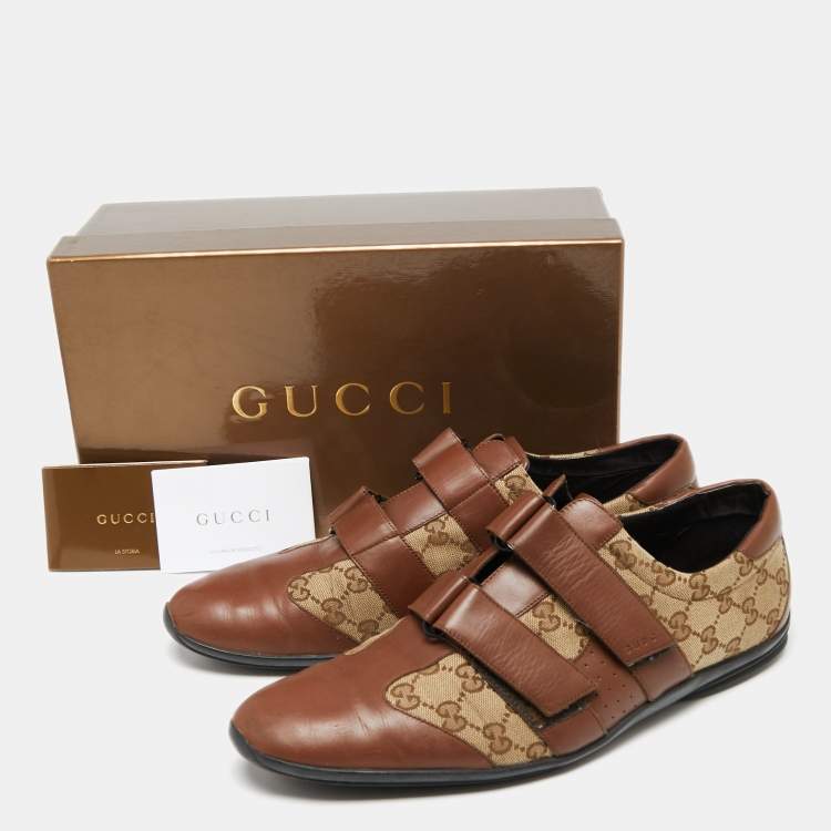 Pre Owned Gucci Brown/Beige Leather And GG Canvas Velcro Sneakers Size 45
