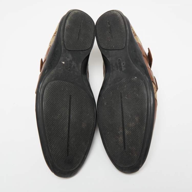 Pre Owned Gucci Brown/Beige Leather And GG Canvas Velcro Sneakers Size 45