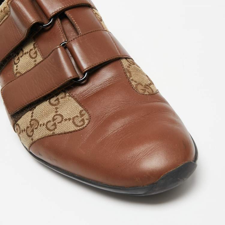 Pre Owned Gucci Brown/Beige Leather And GG Canvas Velcro Sneakers Size 45